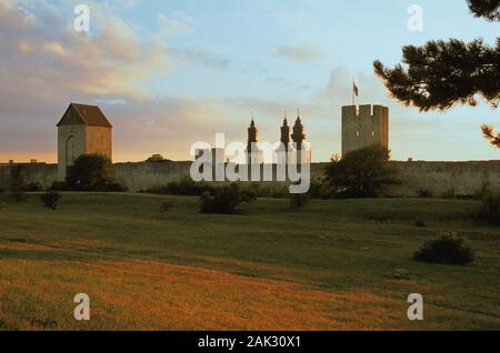 Vista della città medievale di Visby sull'isola di Gotland, nel sud della Svezia. Dietro le mura della città le guglie del Duomo di Santa Maria in telaio alla vigilia Foto Stock