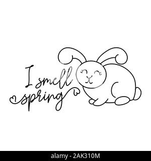 Ho odore primavera - simpatico coniglietto divertente design disegnato a mano doodle, cartoon il Coniglio di Pasqua. Buono per il libro per bambini, poster o t-shirt textile design grafico. Illustrazione Vettoriale