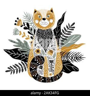 Vettore d'arte monocromatica illustrazione isolato con cute cat, fiori ed erba su sfondo bianco in stile scandinavo. Illustrazione per la decorazione il vostro io Illustrazione Vettoriale