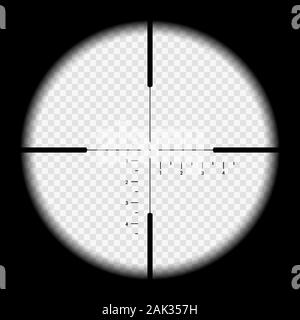 Illustrazione realistica guardando attraverso il mirino sniper con numeri di misurazione e marcatori. Ottica fucile a vista su sfondo trasparente - vettore Illustrazione Vettoriale