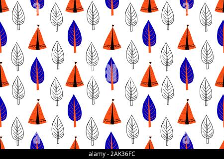 Seamless pattern in stile scandinavo per i bambini .. Cartoon carino alberi su uno sfondo bianco. Illustrazione Vettoriale