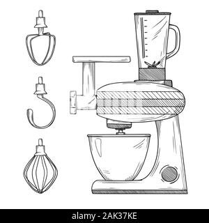Robot da cucina con ugelli diversi isolati su sfondo bianco. Illustrazione Vettoriale in stile di disegno Illustrazione Vettoriale
