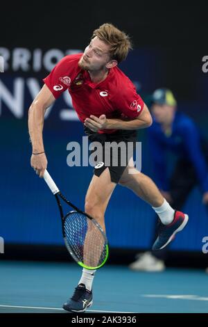 Sydney, Australia. 07Th gen, 2020. David Goffin del Belgio serve durante il 2020 ATP Cup presso il Ken ROSEWALL Arena, Sydney, Australia il 7 gennaio 2020. Foto di Peter Dovgan. Credit: UK Sports Pics Ltd/Alamy Live News Foto Stock