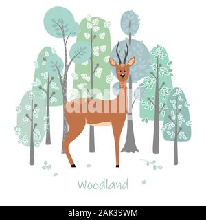 Carino, cervi rossi, capriolo sullo sfondo di un albero, Pianta, bush. Illustrazione Vettoriale in stile scandinavo. Illustrazione Vettoriale