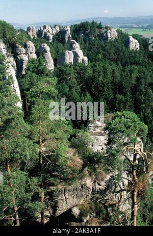 Bizzarre formazioni arenarie telaio nella cosiddetta città di roccia nei pressi di Hruba Skala. Essi sono i relitti di un altopiano di roccia che era corrugata da fiumi. Foto Stock