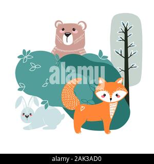 Simpatico orso, fox, lepre e coniglio su uno sfondo di piante. Mano Illustrazione disegnata in stile scandinavo. Illustrazione Vettoriale