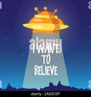 Cartoon carino illustrazione di UFO nave spaziale di atterraggio sulla massa sulla superficie forestale con caratteri voglio credere. Carino oro nave aliena, UFO concept Illustrazione Vettoriale