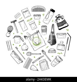 Set di grandi dimensioni di diversi elementi ambientali. Rifiuti Zero. Illustrazione Vettoriale Illustrazione Vettoriale