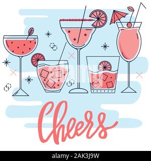 Set di stile lineare bicchieri di forma diversa con cocktail di colore rosa. Cocktail party invito modello concettuale, illustrazione vettoriale Illustrazione Vettoriale