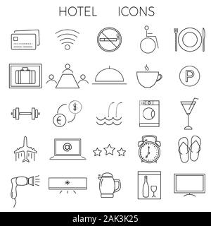 Set di moderno stile trendy linea sottile di icone per illustrare i servizi e le attrezzature dell'hotel, illustrazione vettoriale Illustrazione Vettoriale