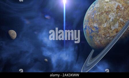 Bellissimo pianeta alieno con sistema ad anello, esotico mondo extraterrestre con lune Foto Stock