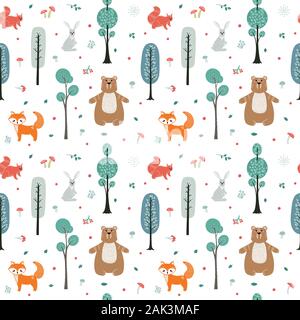 Modello senza giunture. Simpatici animali sullo sfondo della foresta, gli alberi, piante. Orso, Fox, lo scoiattolo, la lepre. Gli animali del bosco. Illustrazioni vettoriali in Illustrazione Vettoriale