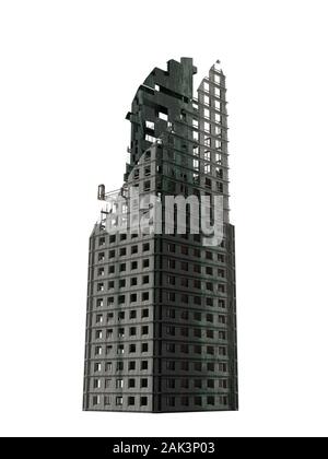 Il grattacielo in rovina, alto edificio dystopic isolati su sfondo bianco Foto Stock