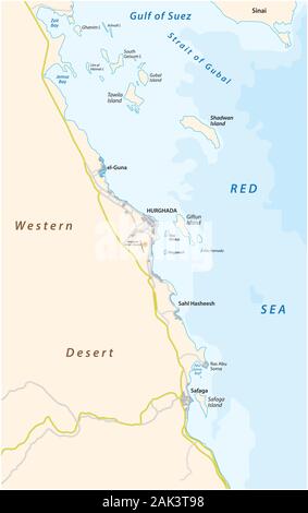 Mappa della regione intorno l'Egiziano città costiera di Hurghada sul Mar Rosso Illustrazione Vettoriale