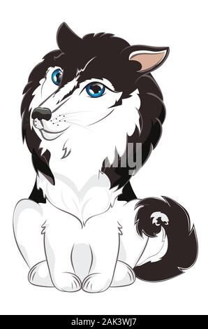 Cartoon carino siberian husky cane con gli occhi blu. Illustrazione Vettoriale