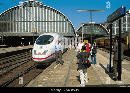 Un ICE in piedi presso la stazione ferroviaria principale (Stazione Centrale) di Amsterdam. Amsterdam è la capitale dei Paesi Bassi. La città si trova nella provincia Foto Stock