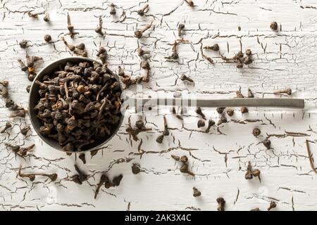 Cumulo di materie, essiccato cannella dei boccioli spice in metallo scoop su bianco rustico sfondo tabella con il fuoco selettivo Foto Stock