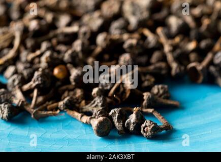 Cumulo di materie, essiccato cannella dei boccioli spice sulla piastra blu sfondo con il fuoco selettivo Foto Stock