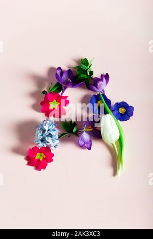 Pasqua la minima nozione. Lettera di un fatto da fiori di primavera sullo sfondo rosa Foto Stock