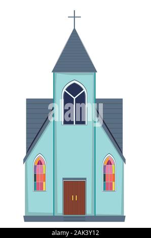 Cartoon retrò piccola chiesa rurale house design su sfondo bianco. Illustrazione Vettoriale