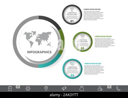 Infografico vettore con cerchio principale e 3 piccoli cerchi. Cerchi con le icone per tre diagrammi, grafico, diagramma di flusso, timeline, flusso di lavoro, web. Creative Illustrazione Vettoriale