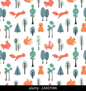 Modello senza giunture. Scoiattoli sullo sfondo di alberi e piante. Illustrazioni vettoriali in uno stile scandinavo. Illustrazione Vettoriale