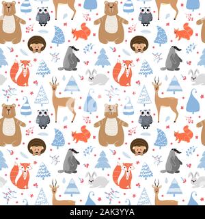 Modello senza cuciture con animali: volpe, tasso, lo scoiattolo, il gufo, cervi rossi, caprioli, lepri, conigli, riccio, orso e diversi elementi illustrazione mano Illustrazione Vettoriale