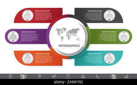 Infografico vettore con cerchio principale e 6 etichette. Cerchi con le icone per sei schemi, grafico, diagramma di flusso, timeline, marketing, presentazione. Creative Illustrazione Vettoriale