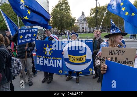 Anti Brexit manifestanti raccogliere al di fuori della sede del parlamento di Londra, Regno Unito. 30/10/19 Foto Stock