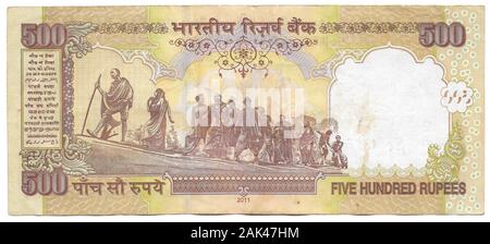 L'India, il Mahatma Gandhi, sulla faccia di una Cinquecento rupie nota banca dal 2011 Foto Stock