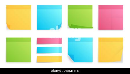 Raccolta di diversi fogli colorati di nota le carte con angolo arricciato, pronto per il tuo messaggio. Realistico illustrazione vettoriale. Isolato su bianco bac Illustrazione Vettoriale