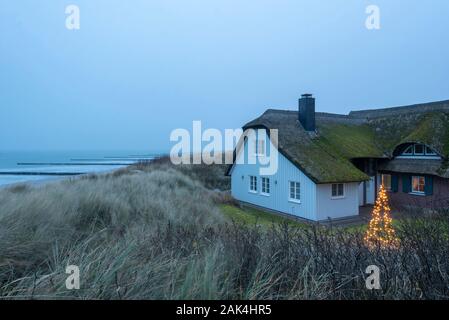 Ahrenshoop, Germania. 02Jan, 2020. Un albero di Natale ancora brilla nel nuovo anno davanti a una casa in dune. Sulla penisola di Fischland-Darß-Zingst vi sono molti di tali case dal tetto di paglia. Essi hanno una lunga tradizione sulla costa del Mar Baltico. Il Ahrenshoop, che una volta apparteneva ai Pomerania, fu costruito intorno al 1760 e, con il declino della vela dal 1880 in poi, sviluppata in una colonia degli artisti dove pittori in particolare vissuto. Oggi Ahrenshoop è uno dei più famosi per le vacanze sulla costa del Mar Baltico. Credito: Stephan Schulz/dpa-Zentralbild/ZB/dpa/Alamy Live News Foto Stock