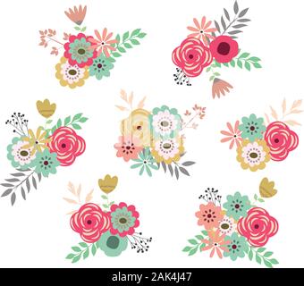 Illustrazione vettoriale di fiori vintage set. vettore fiori retrò. Illustrazione Vettoriale