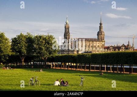 Elbufer: Parkanlage am Japanischen Palais mit Blick auf die Altstadt mit Kathedrale und Residenzschloss Dresden | Utilizzo di tutto il mondo Foto Stock