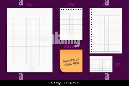 Set di quattro spiegazzato Standart vuoto planner settimanale serie un formato carta A4, A5, A6 e A7 con dimensione nota etichetta adesiva Illustrazione Vettoriale