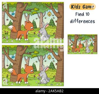 Trovare 10 differenze. Divertente gioco di cartoni animati per i bambini, con la soluzione. Illustrazione Vettoriale con strati separati. Illustrazione Vettoriale