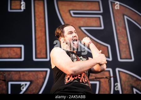 Copenhagen, Danimarca. 21st, Giugno 2019. Artiglieria aliena, l'heavy metal rock band da Nuova Zelanda, esegue un concerto dal vivo durante il danese heavy metal festival Copenhell 2019 a Copenaghen. Qui il batterista Enrico de Jong è visto dal vivo sul palco. (Photo credit: Gonzales foto - Mathias Kristensen). Foto Stock