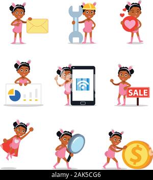 Set di caratteri con donna simpatico coniglietto rosa costume. Illustrazione Vettoriale