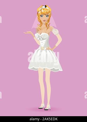 Bella ragazza cartoon in bianco abito da sposa e il velo. Illustrazione Vettoriale