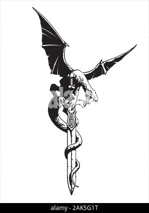 Fantasy Drago con ali stese su una spada - illustrazione vettoriale Illustrazione Vettoriale