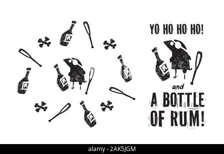 Corvo pirata bottiglia rum e ossa set di oggetti isolati Illustrazione Vettoriale