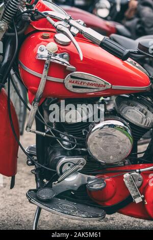 1946 Vintage Harley Davidson motocicletta in corrispondenza di un Prescott hill climb evento. Gloucestershire, Inghilterra. Vintage filtro applicato Foto Stock