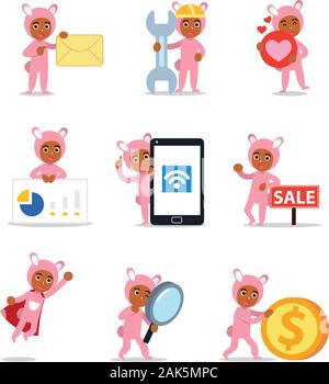 Impostare il carattere di uomo che indossa funny bunny tuta. Illustrazione Vettoriale