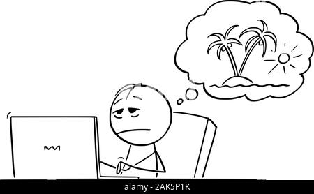 Vector cartoon stick figura disegno illustrazione concettuale di stanca, ha sottolineato o oberati di lavoro uomo o imprenditore lavora su computer e sognare vacanza sull'isola tropicale. Illustrazione Vettoriale