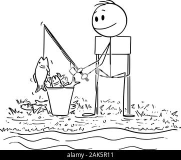 Vector cartoon stick figura disegno illustrazione concettuale del pescatore di successo o un uomo con asta di pesce di pesca sul lago o fiume. Il posizionamento di un sacco di cattura la benna. Illustrazione Vettoriale