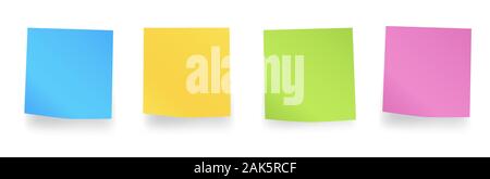 Sticky note colorate. Vuoto post per messaggio, lista Da fare, la memoria. Impostare diversi fogli colorati di carta nota. Post nota carta con angoli arricciati e Illustrazione Vettoriale