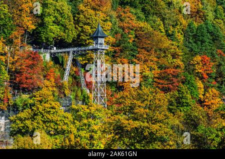 Nationalpark Saechsische Schweiz: Historischer Personenaufzug von Bad Schandau auf die Ostrauer Scheibe, Sachsen | Utilizzo di tutto il mondo Foto Stock