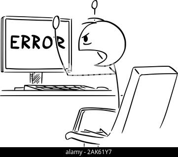 Vector cartoon stick figura disegno illustrazione concettuale di angry man o imprenditore lavorando sul computer e la visione di rete o di errore del programma messaggio sullo schermo. Illustrazione Vettoriale