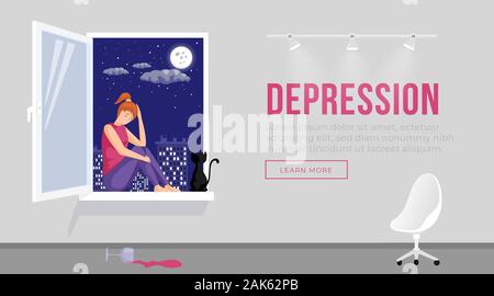 Depressione landing page illustrazione del modello. La ragazza con la faccia triste espressione seduto sul davanzale con gatto nero layout pagina iniziale. Personaggio dei fumetti di cattivo umore, ansia e stanchezza e il design del sito web Illustrazione Vettoriale