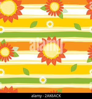 Vettore testurizzato colorati girasoli pen disegna la sequenza di ripetizione con strisce orizzontali. Adatto per i tessili, confezione regalo e carta da parati. Illustrazione Vettoriale